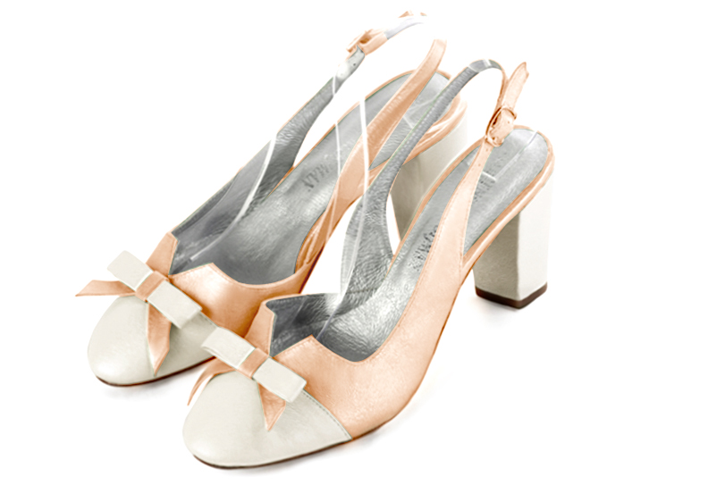 Off white and powder pink women's open back shoes, with a knot. Round toe. High block heels. Front view - Florence KOOIJMAN
